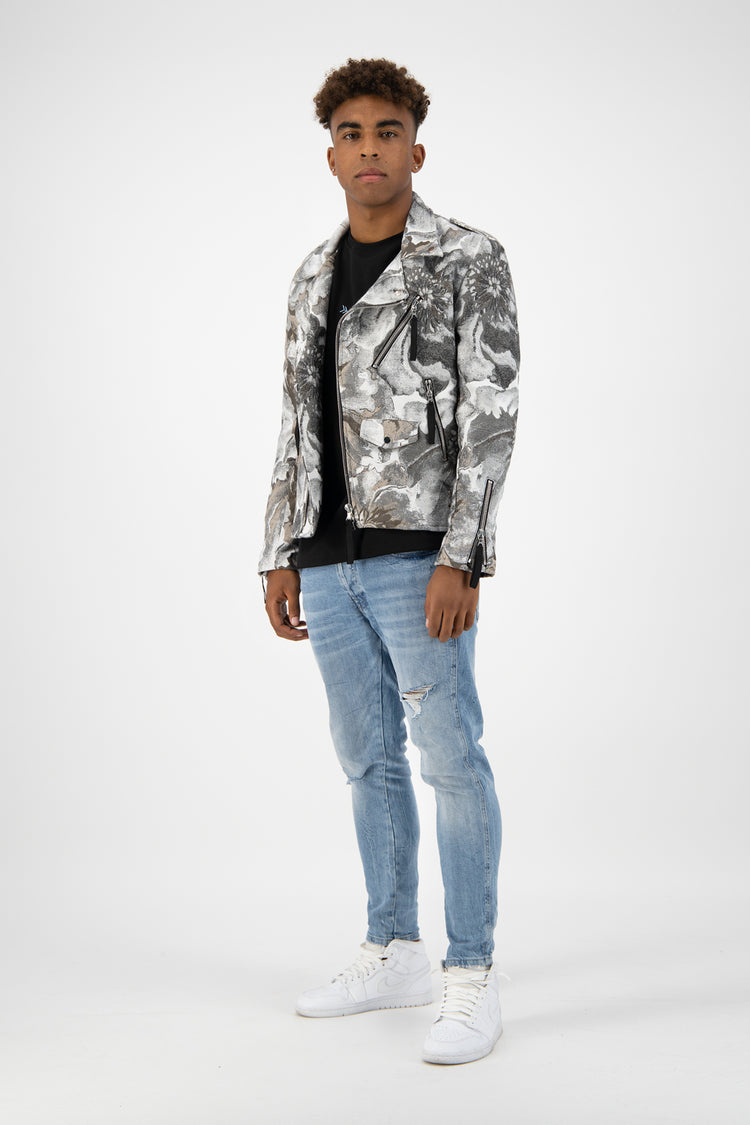 Floral Biker Jacket Grey